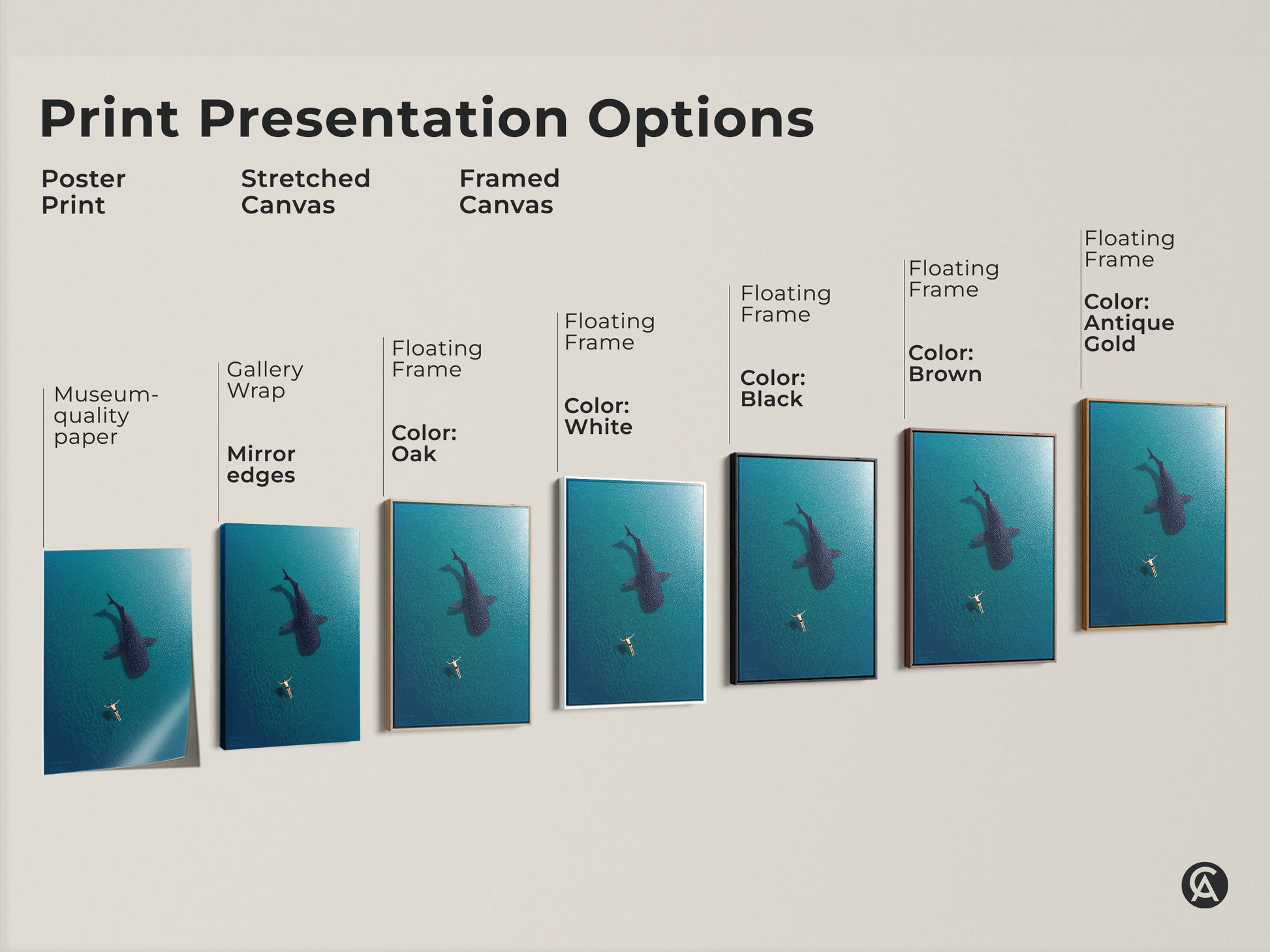 Explore ocean wall art options: poster prints stretched canvas and framed canvas. Discover the perfect presentation for this stunning swimmer and whale shark artwork. Museum-quality paper gallery wrap and floating frames enhance this deep blue turquoise coastal art.