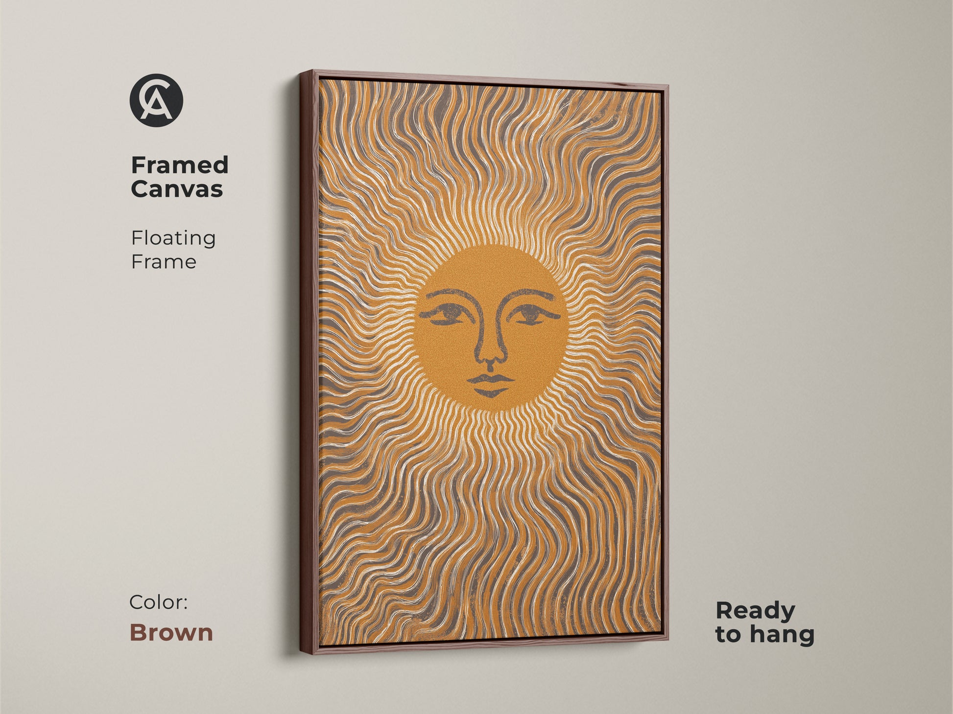 Brown Framed Canvas featuring an Abstract Sun Face with wavy lines. Its Mustard Yellow and Gray tones evoke a Boho Minimalist vibe. Ready to hang this celestial piece adds charm to any bedroom.  It is a unique Boho Wall Decor.