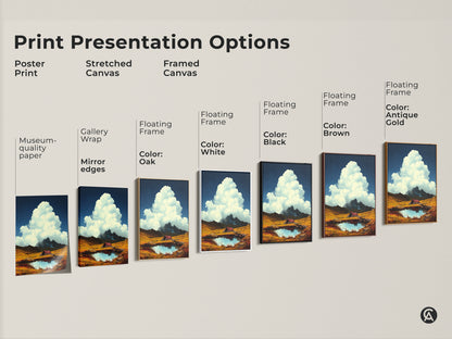 Explore print presentation options for mountain cabin artwork. Choose from poster print stretched canvas and framed canvas. Options for gallery wrap floating frames and museum-quality paper. Select the style that best suits your rustic home decor. Enjoy nature artwork.