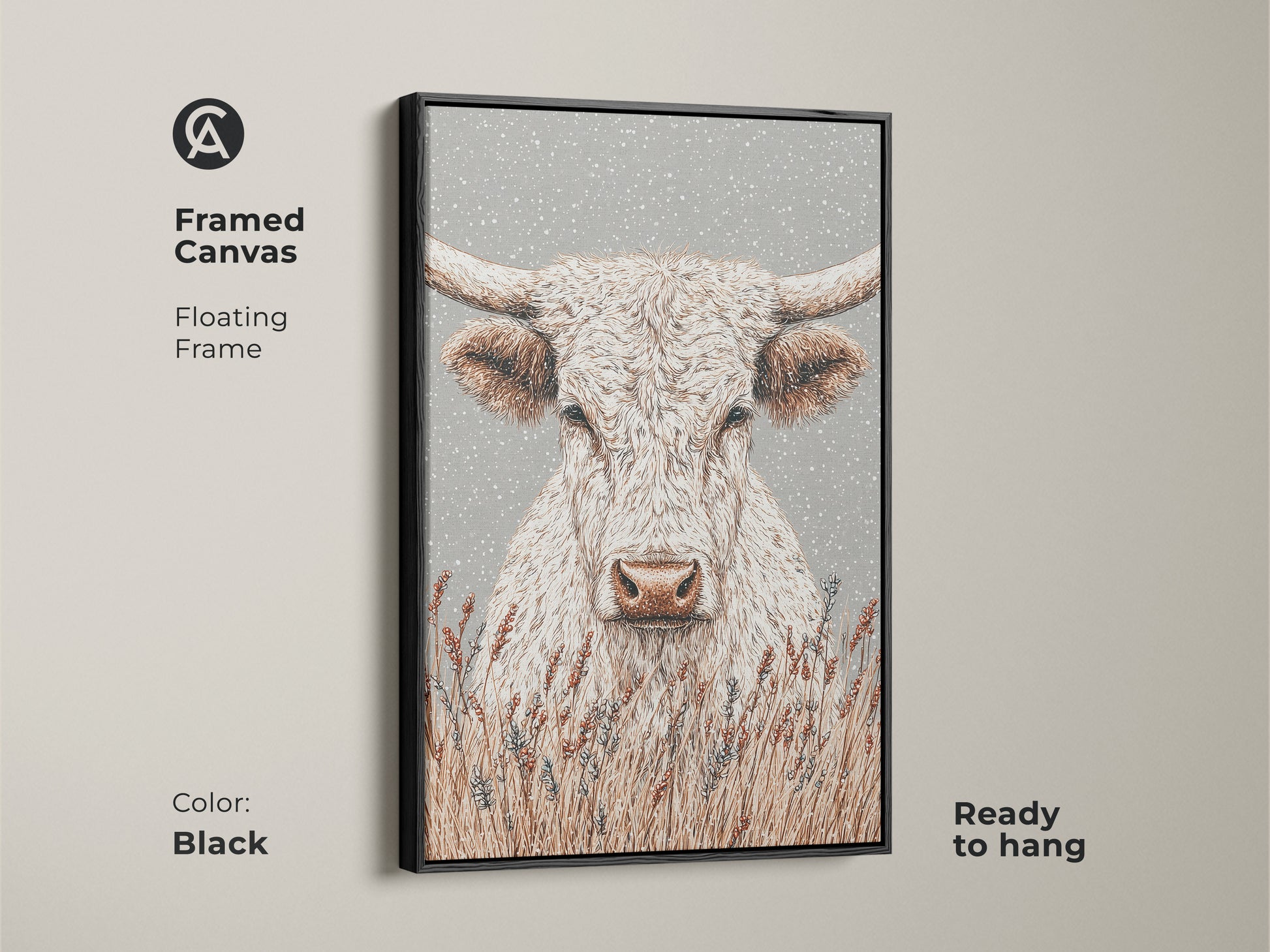 Framed canvas art of a white longhorn bull with a black floating frame. The canvas is ready to hang. The dark frame enhances the artwork's modern appeal. A striking piece for any room.