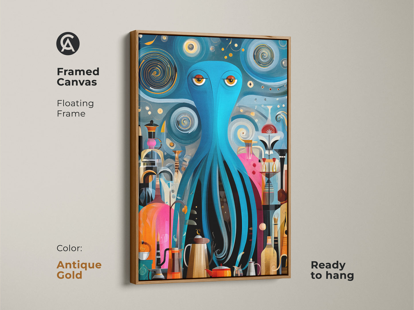 A framed canvas in antique gold features a teal and orange octopus art piece. This mid-century modern artwork includes a floating frame and is ready to hang. This abstract kitchen wall print adds an eclectic touch to home decor. It is a unique coffee lover gift adding retro surrealism. The colorful and artistic print is perfect as a housewarming present.