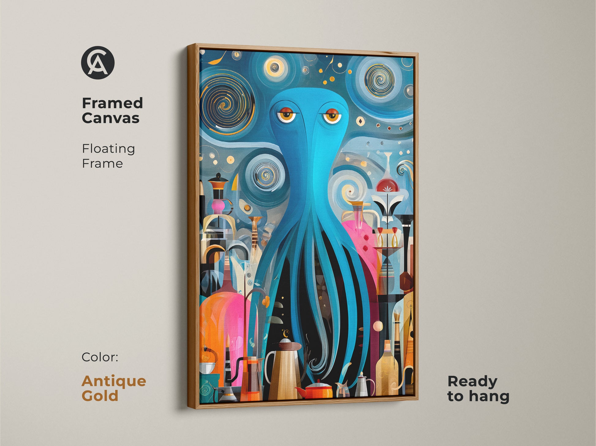 A framed canvas in antique gold features a teal and orange octopus art piece. This mid-century modern artwork includes a floating frame and is ready to hang. This abstract kitchen wall print adds an eclectic touch to home decor. It is a unique coffee lover gift adding retro surrealism. The colorful and artistic print is perfect as a housewarming present.
