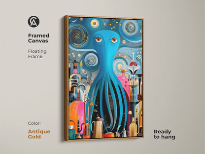 A framed canvas in antique gold features a teal and orange octopus art piece. This mid-century modern artwork includes a floating frame and is ready to hang. This abstract kitchen wall print adds an eclectic touch to home decor. It is a unique coffee lover gift adding retro surrealism. The colorful and artistic print is perfect as a housewarming present.