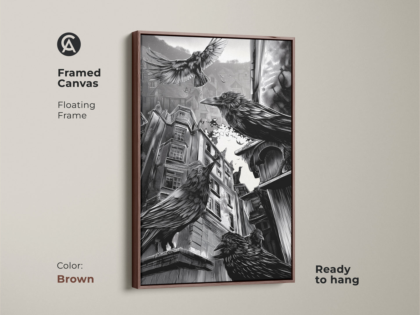 Framed canvas showcasing gothic crow art with a brown floating frame. This black and white urban cityscape adds a touch of dark academia to any room. Ready to hang. Perfect for gothic home decor or as a unique Halloween gift. Ideal for study or office.