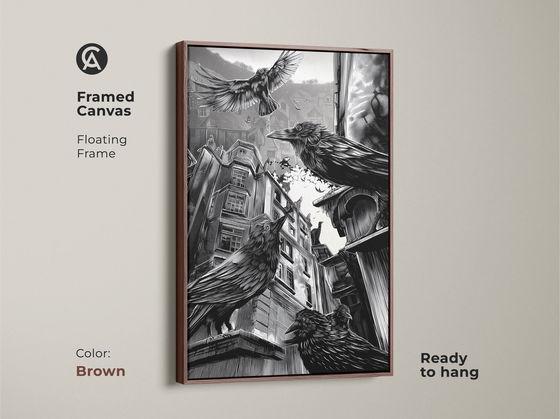 Framed canvas showcasing gothic crow art with a brown floating frame. This black and white urban cityscape adds a touch of dark academia to any room. Ready to hang. Perfect for gothic home decor or as a unique Halloween gift. Ideal for study or office.
