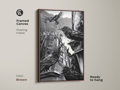 Framed canvas showcasing gothic crow art with a brown floating frame. This black and white urban cityscape adds a touch of dark academia to any room. Ready to hang. Perfect for gothic home decor or as a unique Halloween gift. Ideal for study or office.