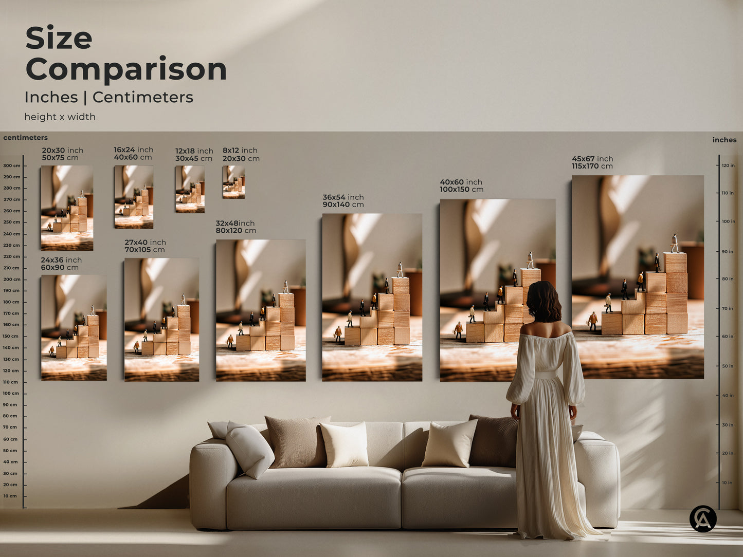 Size comparison of motivational business artwork in inches and centimeters Visualize the perfect fit for your space The conceptual artwork features miniature people climbing wooden blocks on a beige tan minimalist canvas Choose from various sizes to enhance your office or home decor Perfect for inspiring success and career growth