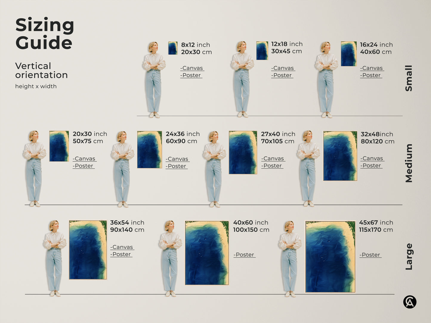 Sizing guide for vertical abstract coastal canvas and poster prints. Available in small medium and large sizes. The artwork captures an aerial view of the ocean with deep blue and aqua green tones. Perfect for any room in your home.