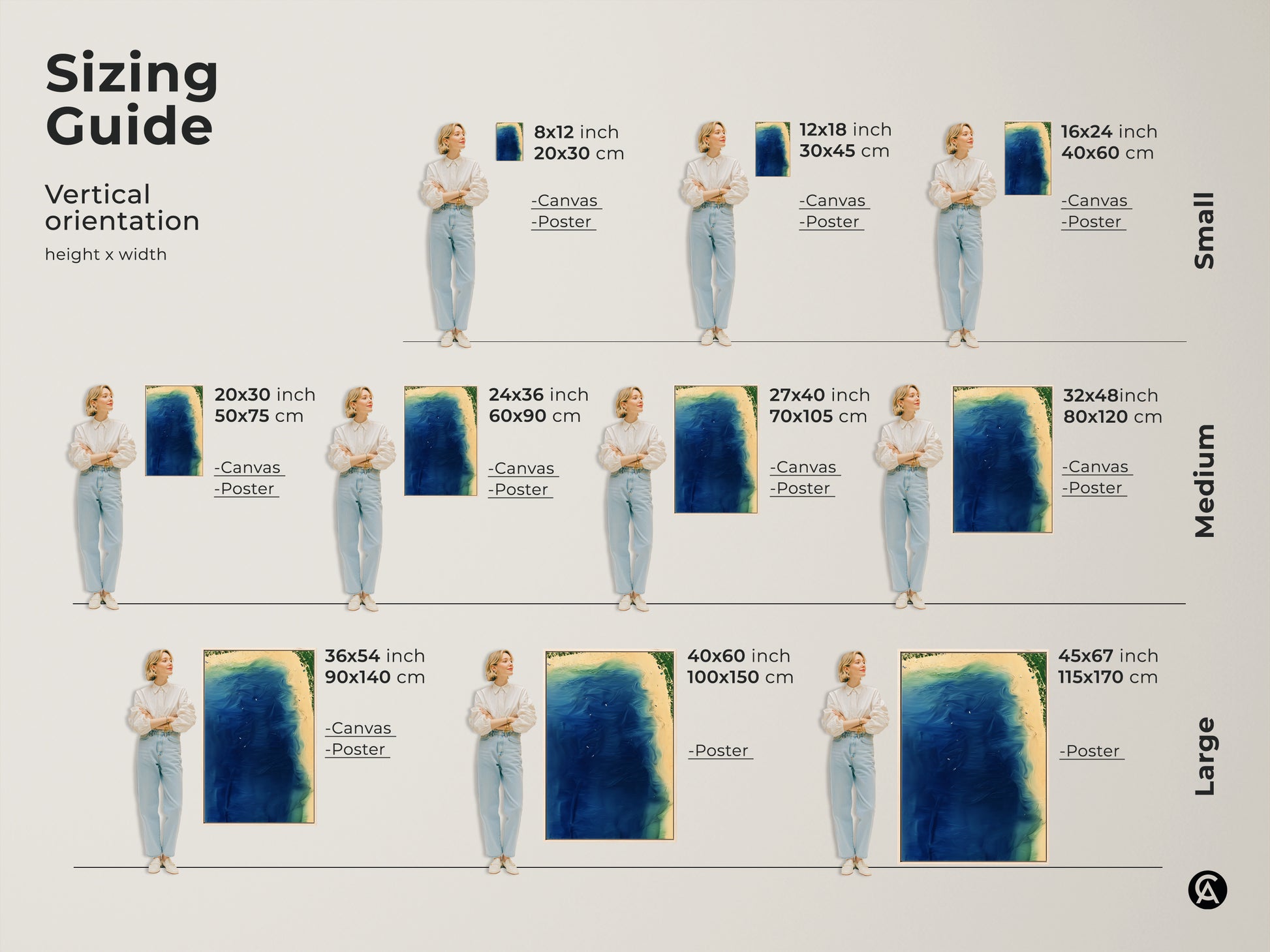 Sizing guide for vertical abstract coastal canvas and poster prints. Available in small medium and large sizes. The artwork captures an aerial view of the ocean with deep blue and aqua green tones. Perfect for any room in your home.