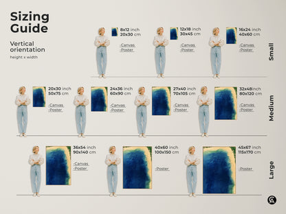 Sizing guide for vertical abstract coastal canvas and poster prints. Available in small medium and large sizes. The artwork captures an aerial view of the ocean with deep blue and aqua green tones. Perfect for any room in your home.