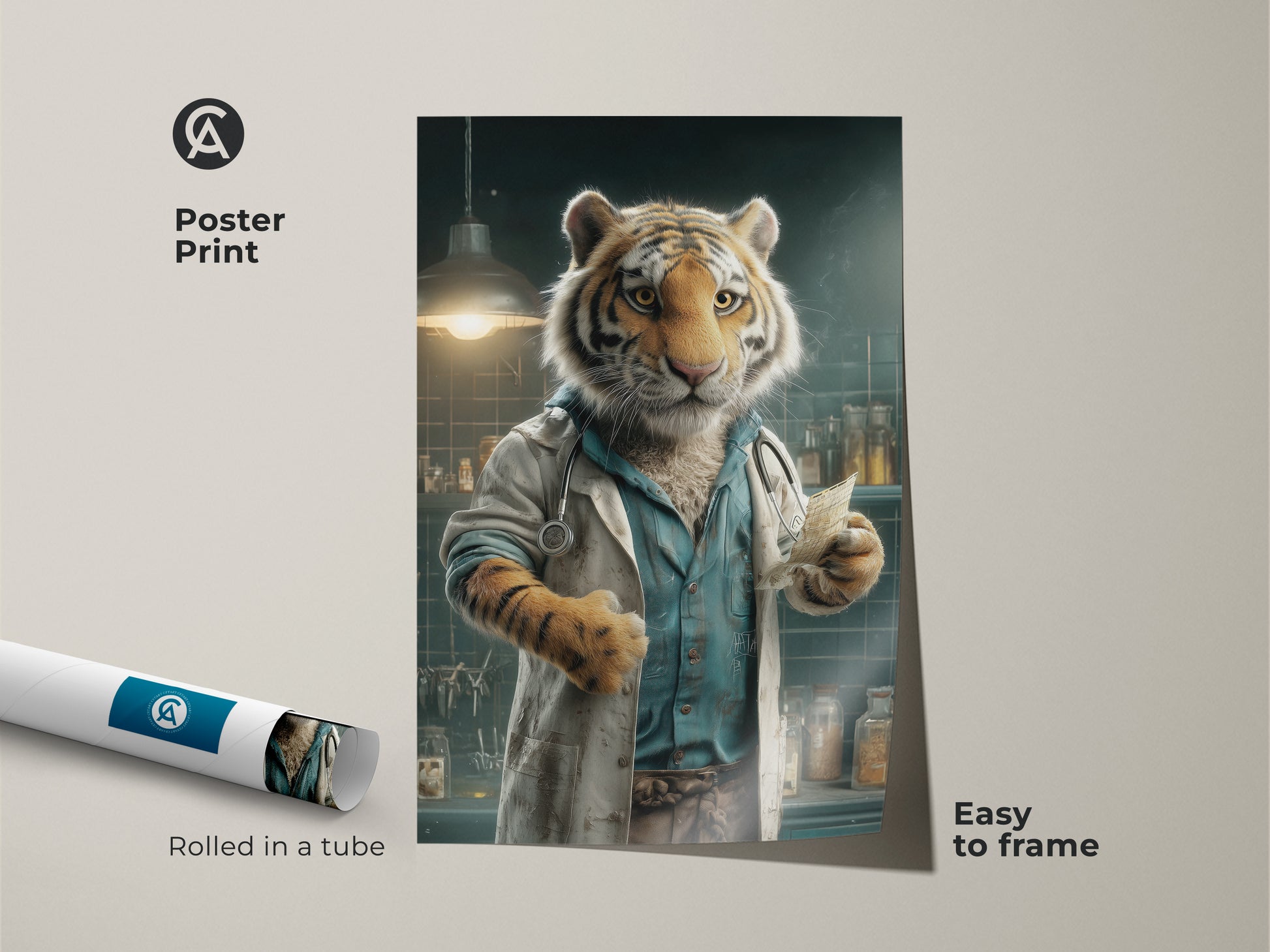 A poster print of a tiger dressed as a doctor. The poster is rolled in a tube for easy framing. This print is perfect for adding a touch of whimsy to your home decor. This animal art is sure to be a conversation starter