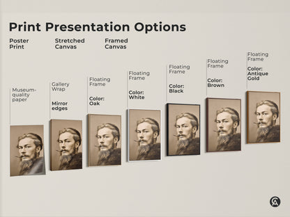Print presentation options featuring a sepia tone man portrait. Choose from poster stretched canvas or framed canvas in various colors. Perfect for traditional decor.