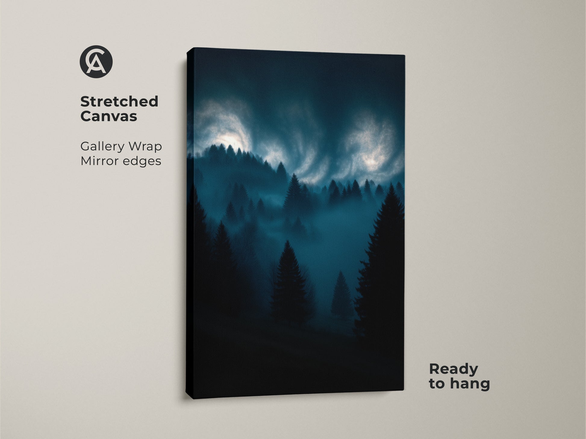 Stretched canvas of a misty forest wall art. The dark teal pine trees are silhouetted in this modern nature canvas. Ready to hang with gallery wrap mirror edges.