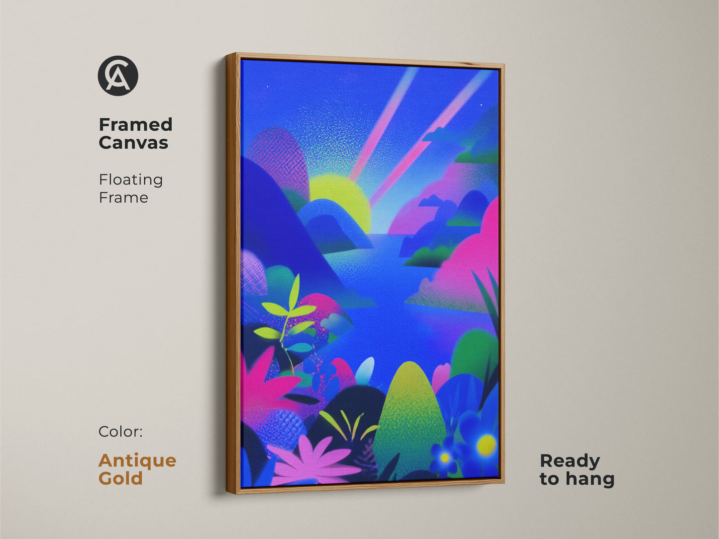 Framed canvas with an antique gold floating frame. Fantasy abstract landscape art in blue green and pink. The mountain sunset canvas wall art is ready to hang. Add eclectic decor to a bedroom or living room. A gift for art lovers and nature enthusiasts.
