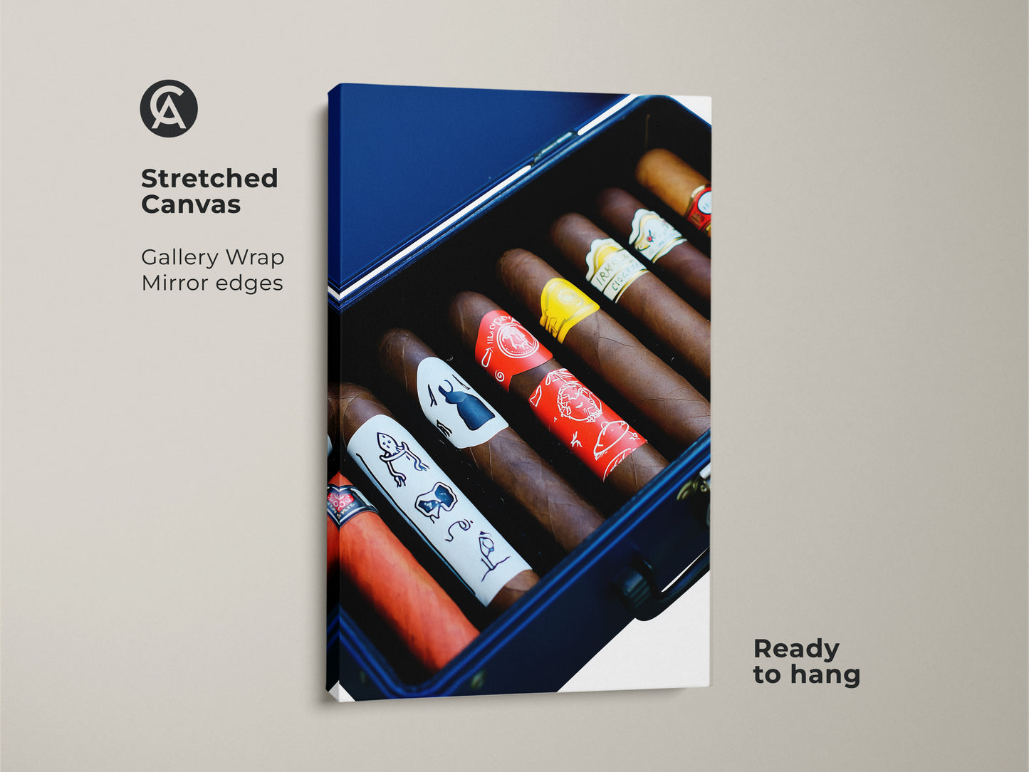 Cigar humidor canvas art ready to hang. Gallery wrapped cigar art is perfect for the man cave. It features rich browns and reds. This is a great gift for a cigar lover. Premium wall decor brings luxury and enjoyment. Sophisticated art for a home bar or office