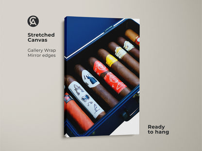 Cigar humidor canvas art ready to hang. Gallery wrapped cigar art is perfect for the man cave. It features rich browns and reds. This is a great gift for a cigar lover. Premium wall decor brings luxury and enjoyment. Sophisticated art for a home bar or office
