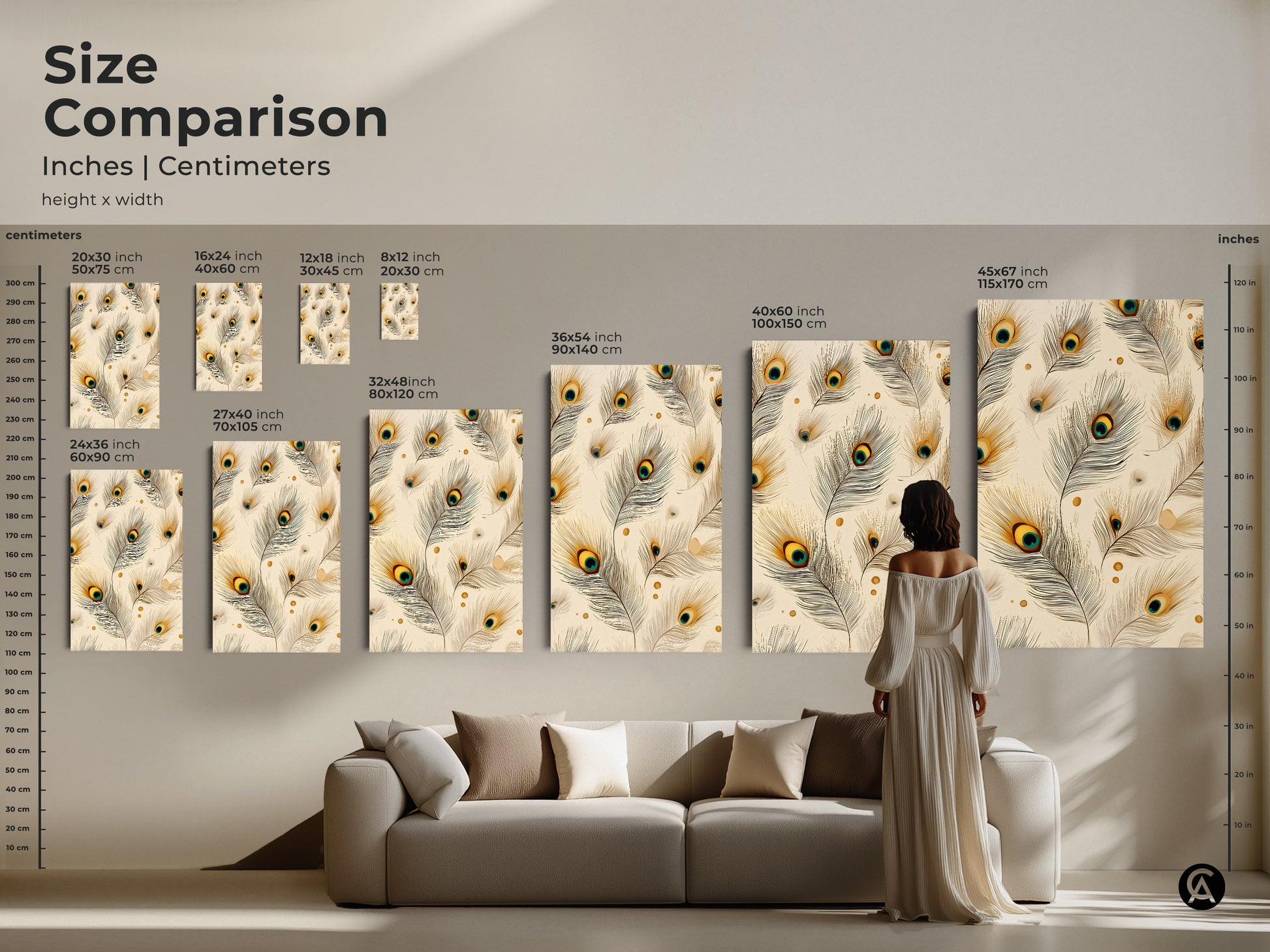 Size comparison of peacock feather artwork in inches and centimeters. See how the canvas print looks above a sofa. The cream teal and gold artwork is a fine art print decor. Perfect for adding a bohemian touch to your living room.
