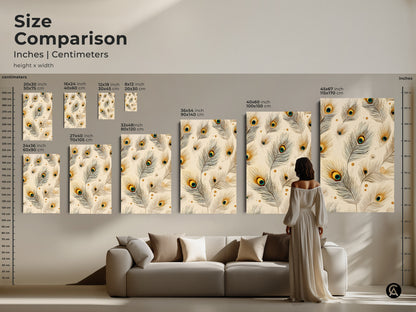 Size comparison of peacock feather artwork in inches and centimeters. See how the canvas print looks above a sofa. The cream teal and gold artwork is a fine art print decor. Perfect for adding a bohemian touch to your living room.