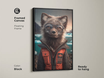 Framed Canvas of a Arctic Fox wearing glasses with a floating frame in black. Anthropomorphic fox art wall decor for an Eclectic study room artwork. Animal lover birthday gift idea with orange and teal fox painting. Ready to hang canvas art.