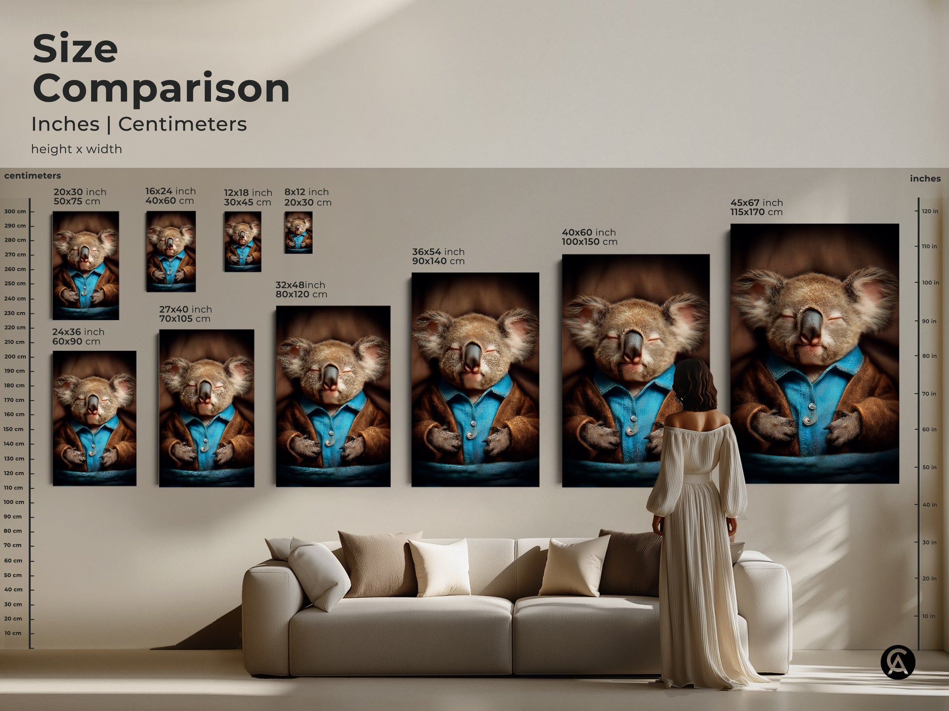 Size comparison of a sleeping koala art print. This image illustrates the artwork across different sizes. It helps you choose the perfect fit for your space. Realistic animal art featuring a koala in pajamas. This adds a cozy and eclectic touch to any room. Perfect for nursery wall decor and a unique gift idea for new parents.