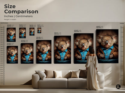 Size comparison of a sleeping koala art print. This image illustrates the artwork across different sizes. It helps you choose the perfect fit for your space. Realistic animal art featuring a koala in pajamas. This adds a cozy and eclectic touch to any room. Perfect for nursery wall decor and a unique gift idea for new parents.