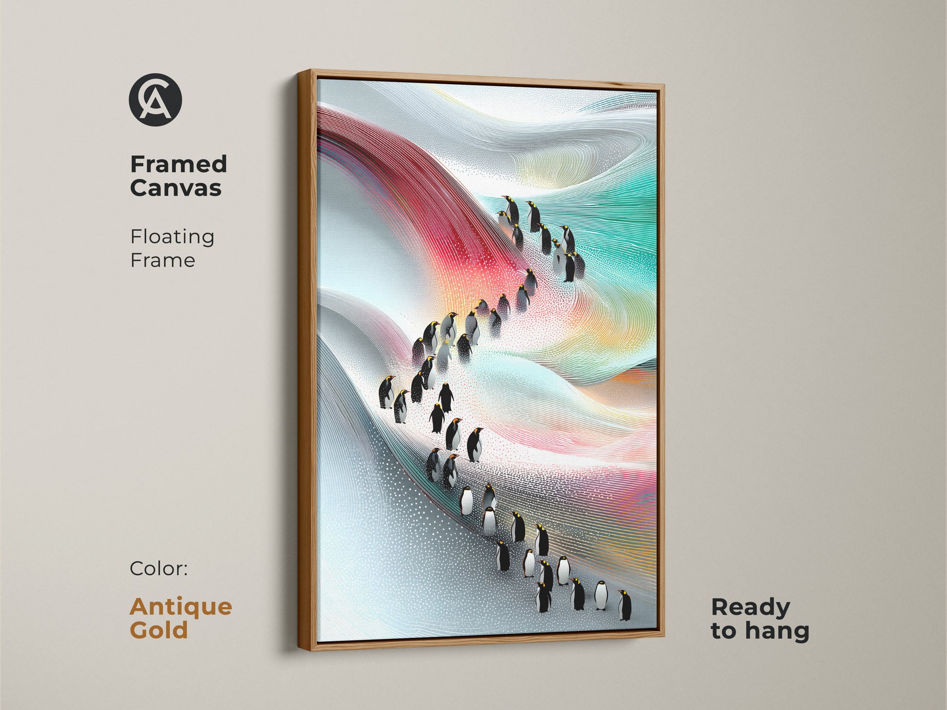 Framed canvas with an antique gold frame showcasing abstract penguin art. This contemporary artwork blends red blue and teal tones in a modern nature landscape. This unique animal art print adds a touch of sophistication to any room and is ready to hang.