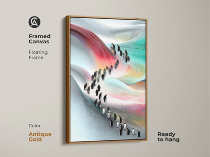 Framed canvas with an antique gold frame showcasing abstract penguin art. This contemporary artwork blends red blue and teal tones in a modern nature landscape. This unique animal art print adds a touch of sophistication to any room and is ready to hang.