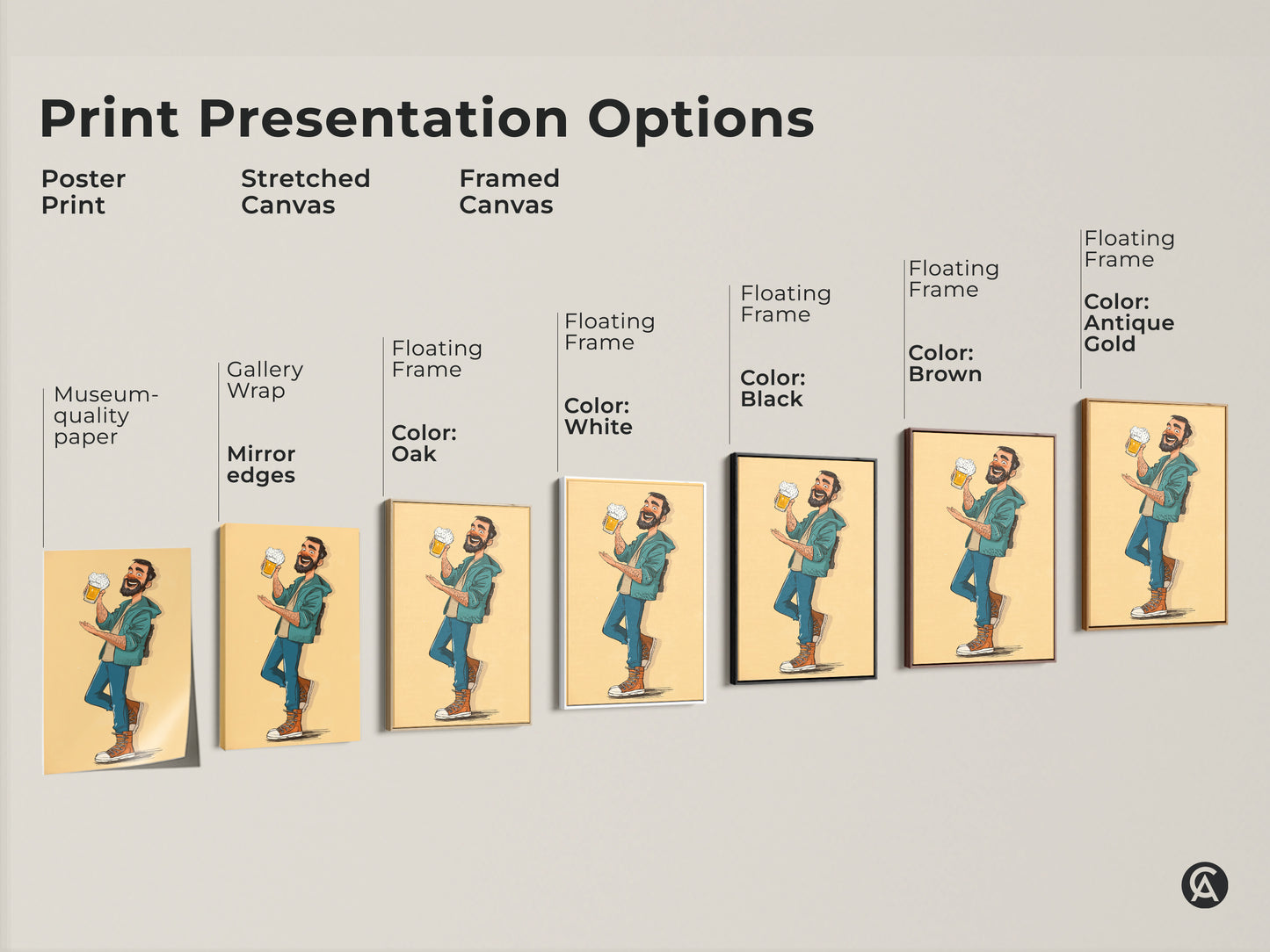 Explore print presentation options for the funny beer man artwork. Options include poster prints stretched canvas and framed canvas with different frames. Find the perfect fit for your eclectic home bar man cave or kitchen. This artwork is the best Father's day gift for dad or any beer lover.