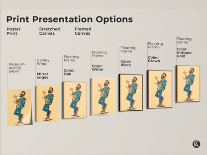 Explore print presentation options for the funny beer man artwork. Options include poster prints stretched canvas and framed canvas with different frames. Find the perfect fit for your eclectic home bar man cave or kitchen. This artwork is the best Father's day gift for dad or any beer lover.