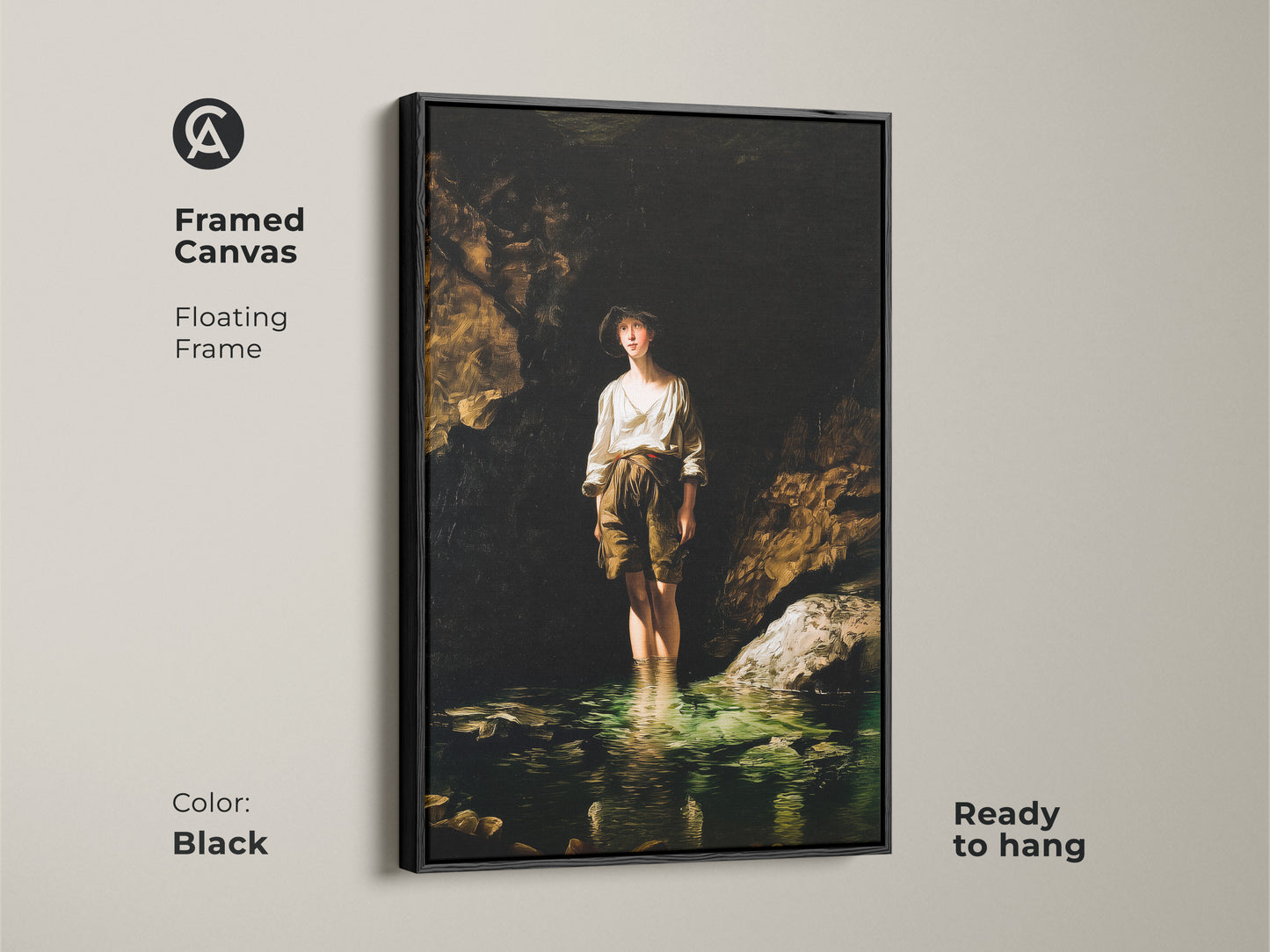 Framed canvas with a floating black frame showing a boy in a river. Ready to hang this classical art adds elegance to any room. Traditional home decor art with historical charm. Perfect for a study or bedroom display.