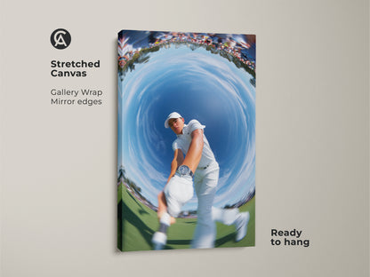 This gallery-wrapped canvas art shows a golfer swinging. The fisheye effect creates a circular sky above. A modern art piece that's ready to hang. The mirror edges enhance the depth. It is a unique piece for golf enthusiasts.