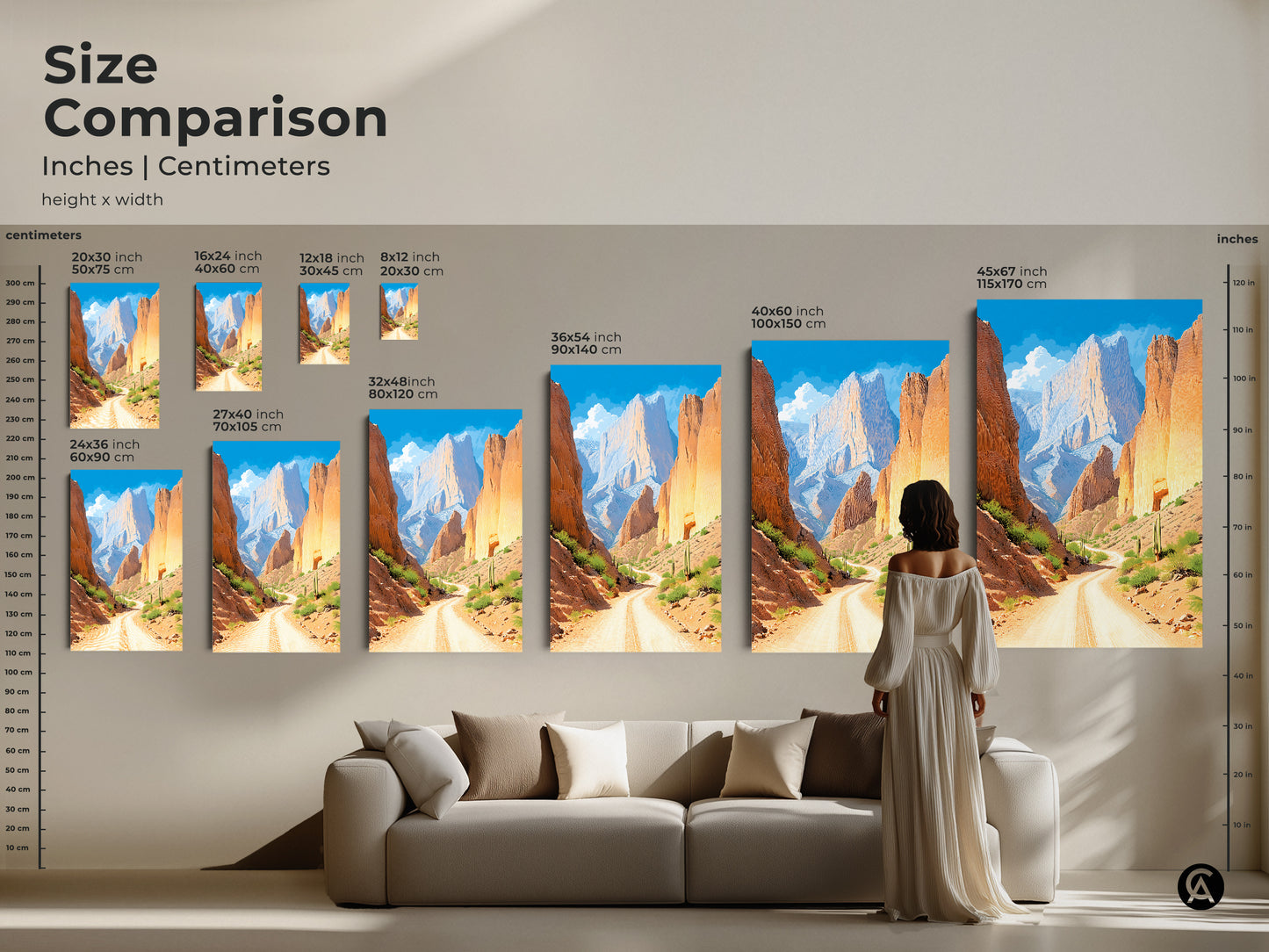 Visualize the impact of this southwestern art. This size comparison features a desert landscape canvas print above a couch. The mountain scenery in orange and yellow tones complements the living room. Choose the perfect canvas art to elevate your home decor or gift for travel lovers.