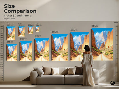 Visualize the impact of this southwestern art. This size comparison features a desert landscape canvas print above a couch. The mountain scenery in orange and yellow tones complements the living room. Choose the perfect canvas art to elevate your home decor or gift for travel lovers.