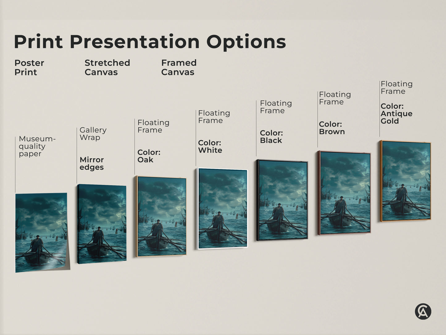 Print presentation options showcasing poster prints stretched canvases and framed canvases. Choose from various floating frame colors. Perfect nautical wall art. Find the ideal maritime canvas print to complement your traditional home decor. Add adventure to any room.