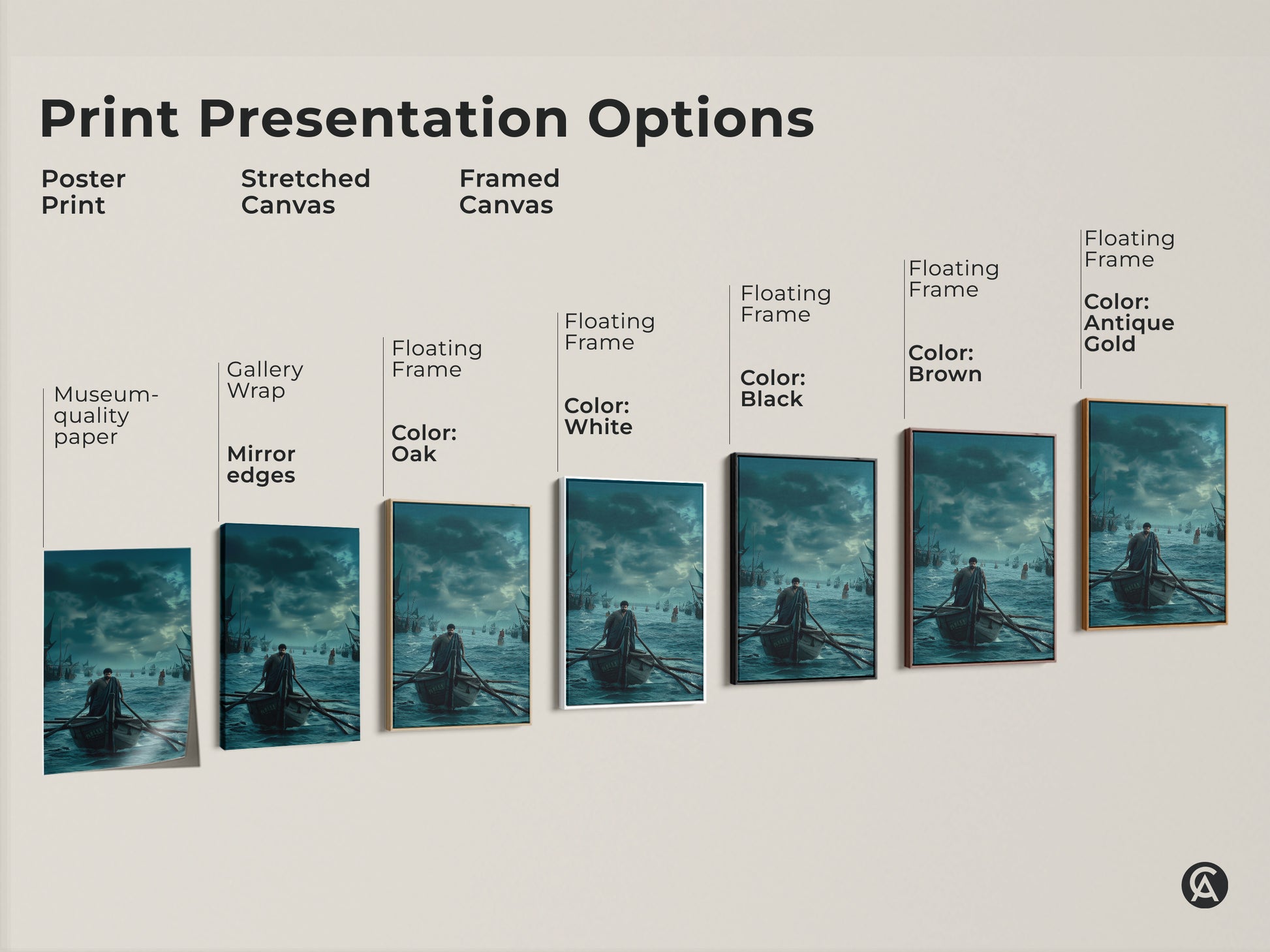 Print presentation options showcasing poster prints stretched canvases and framed canvases. Choose from various floating frame colors. Perfect nautical wall art. Find the ideal maritime canvas print to complement your traditional home decor. Add adventure to any room.