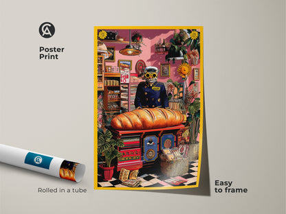A poster print of a Cat Baker Art Print. The poster is rolled in a tube and easy to frame. This whimsical animal food poster features a surreal cat baker. It is a vibrant animal art print that makes a great cat lover gift.
