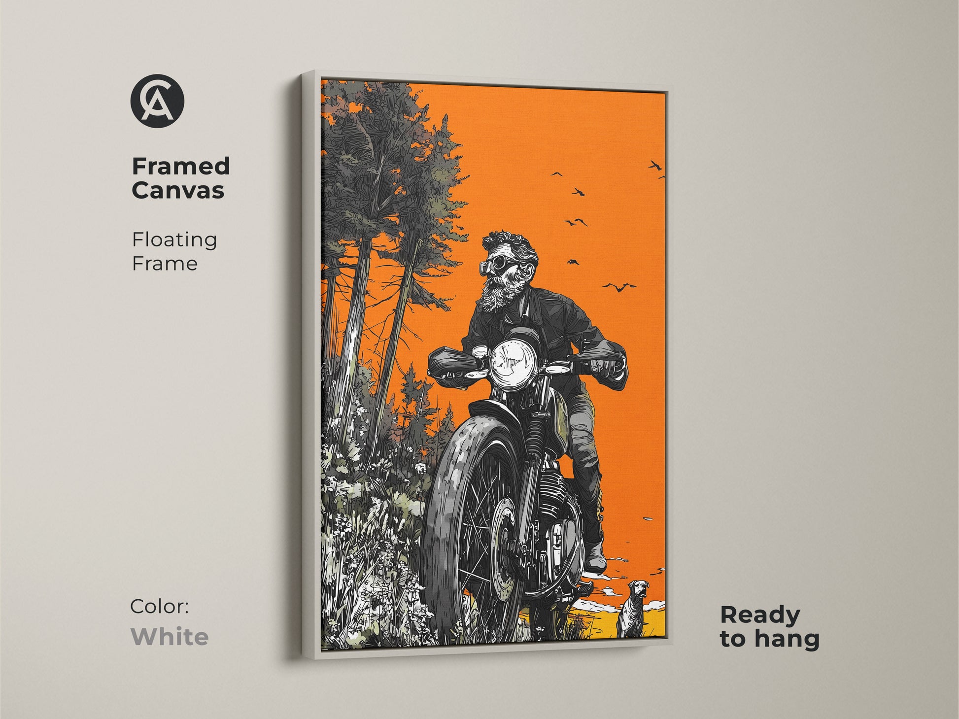 White framed canvas artwork featuring a skeleton biker on a motorcycle. The floating frame adds a modern touch. The artwork is ready to hang. It mixes edgy biker aesthetics with a natural backdrop for a unique display.