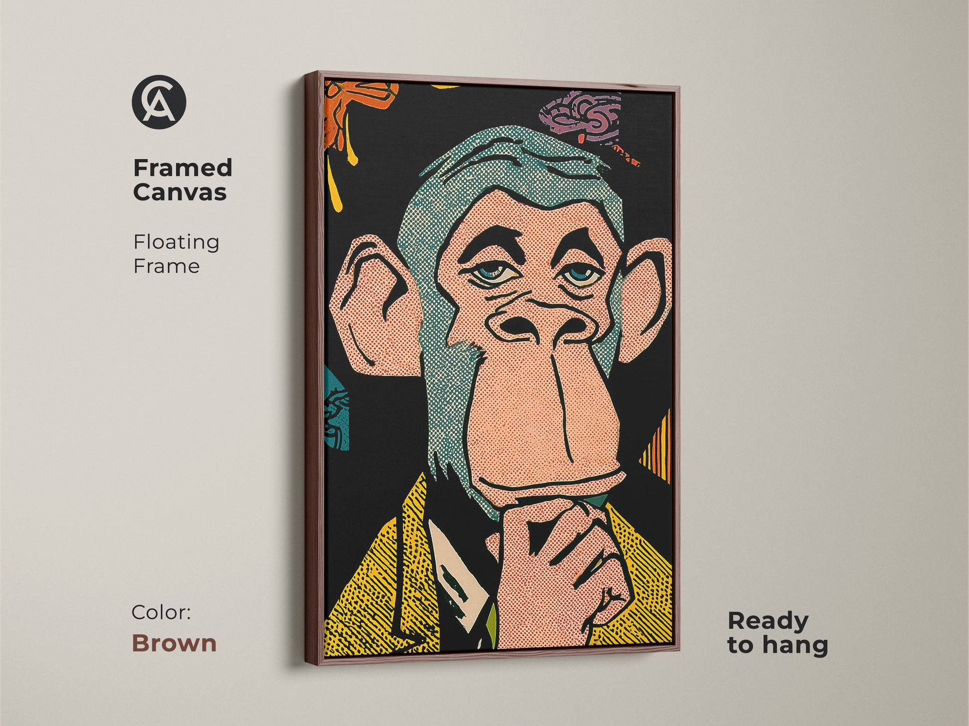 A framed canvas displaying Bored Ape NFT artwork. The brown floating frame adds warmth to the art. Ready to hang this framed art is perfect for any room. Elevate your space with this unique piece.