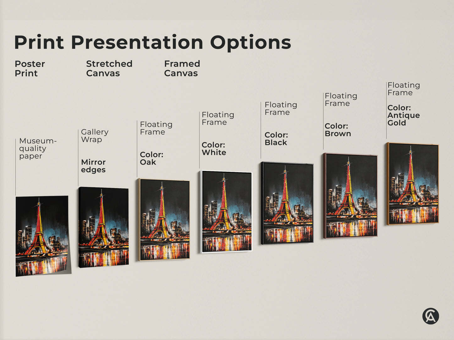 Explore print presentation options. Choose poster stretched or framed canvas. See the Eiffel Tower art in various floating frame colors. Museum quality paper and mirror edges available.