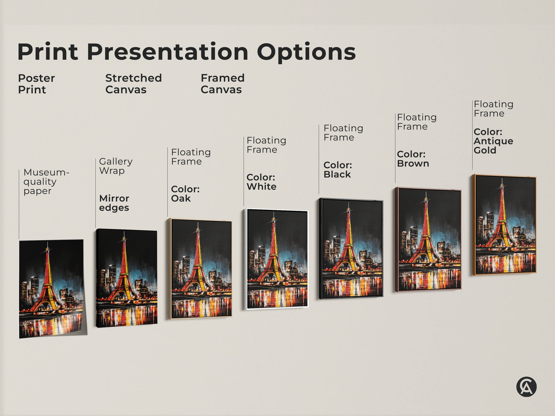 Explore print presentation options. Choose poster stretched or framed canvas. See the Eiffel Tower art in various floating frame colors. Museum quality paper and mirror edges available.