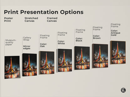 Explore print presentation options. Choose poster stretched or framed canvas. See the Eiffel Tower art in various floating frame colors. Museum quality paper and mirror edges available.