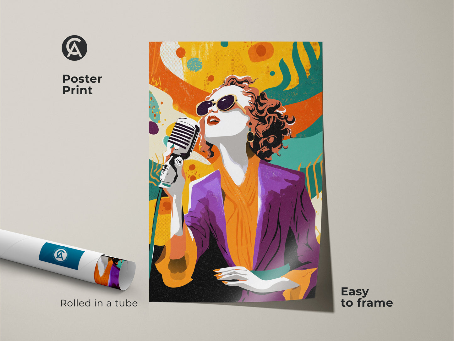 Poster print of a retro pop art singer. This colorful abstract print is easy to frame. The artwork features an eclectic mix of orange yellow and teal. It is a unique music lover gift idea. A vintage music poster perfect for studio office or eclectic home setting.