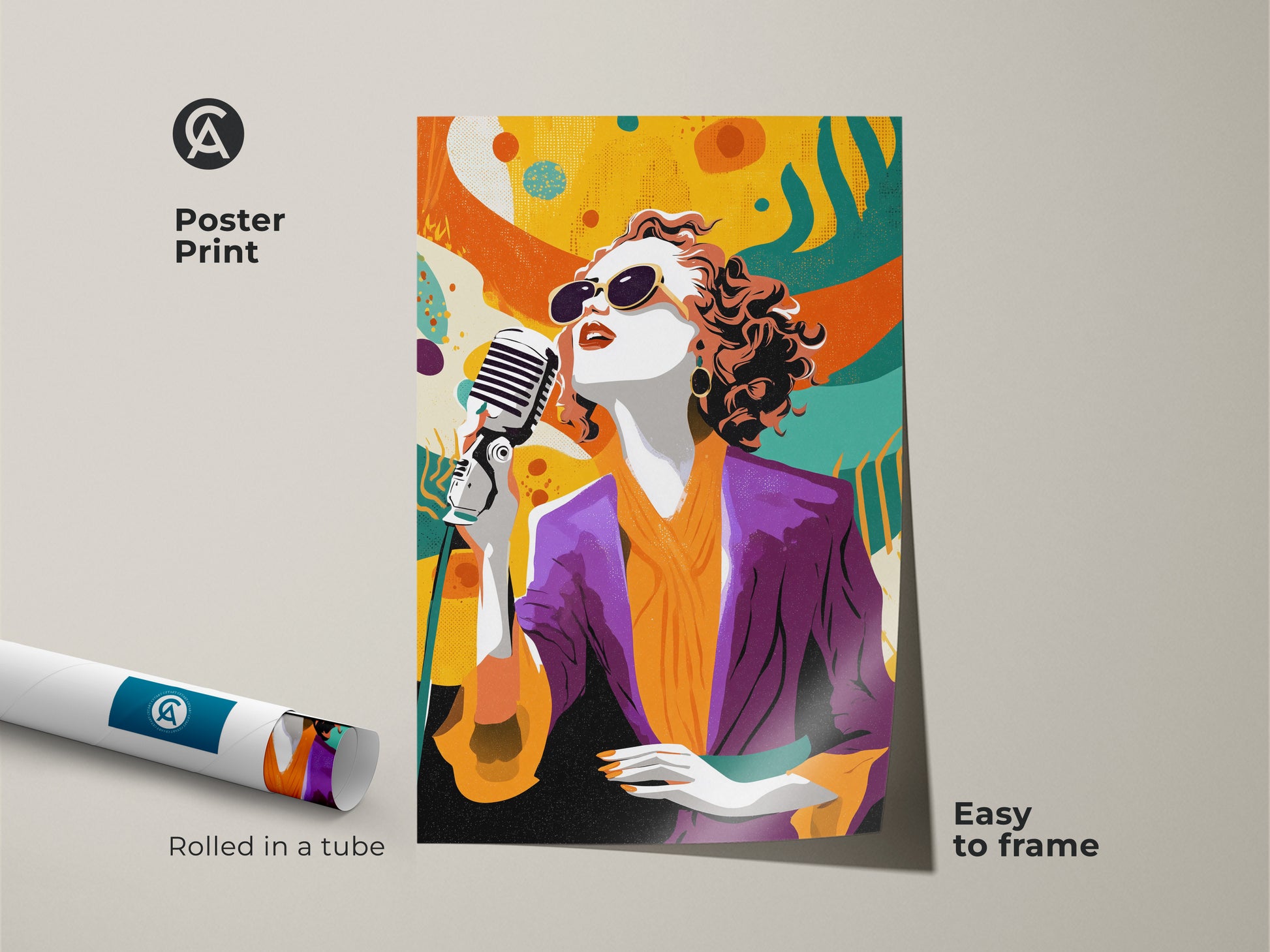 Poster print of a retro pop art singer. This colorful abstract print is easy to frame. The artwork features an eclectic mix of orange yellow and teal. It is a unique music lover gift idea. A vintage music poster perfect for studio office or eclectic home setting.