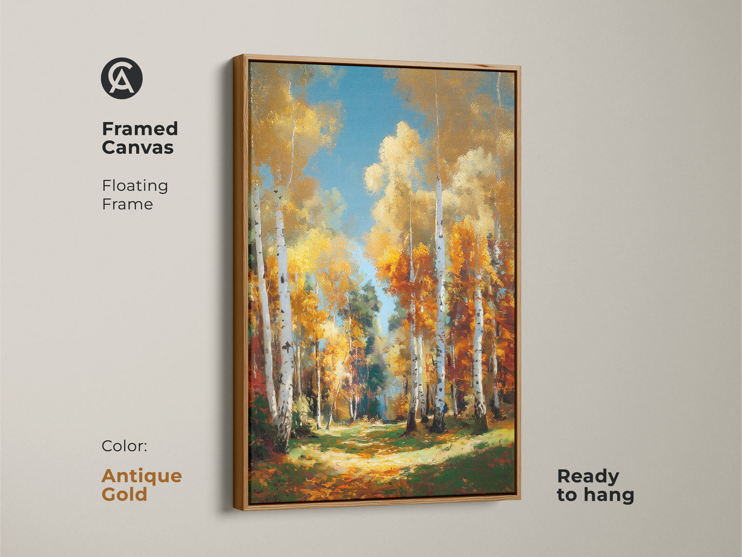 Antique gold framed canvas artwork of a birch tree forest in autumn. This floating frame has a vintage feel. The wall art is ready to hang. Buy this elegant fine art piece today