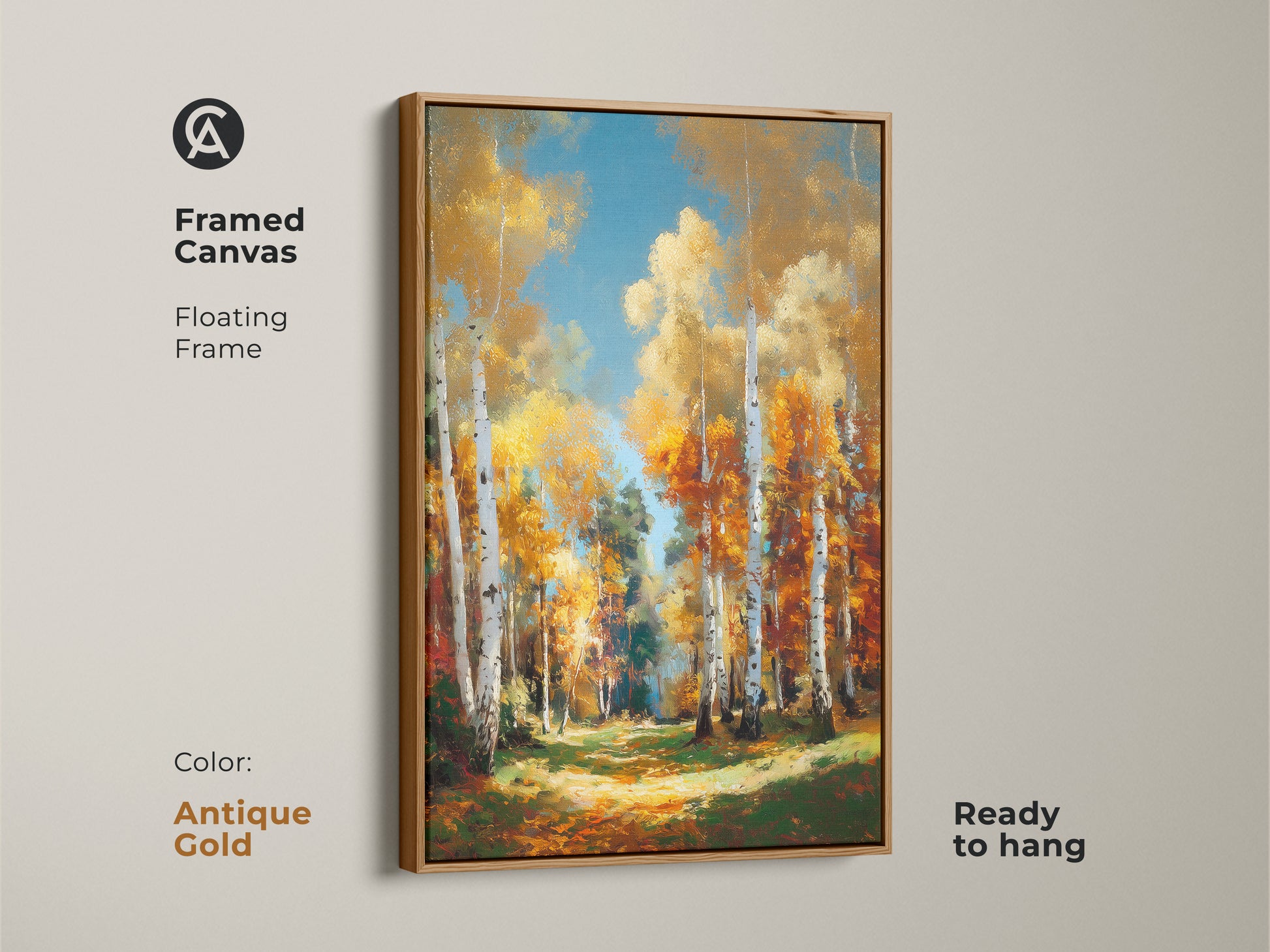 Antique gold framed canvas artwork of a birch tree forest in autumn. This floating frame has a vintage feel. The wall art is ready to hang. Buy this elegant fine art piece today