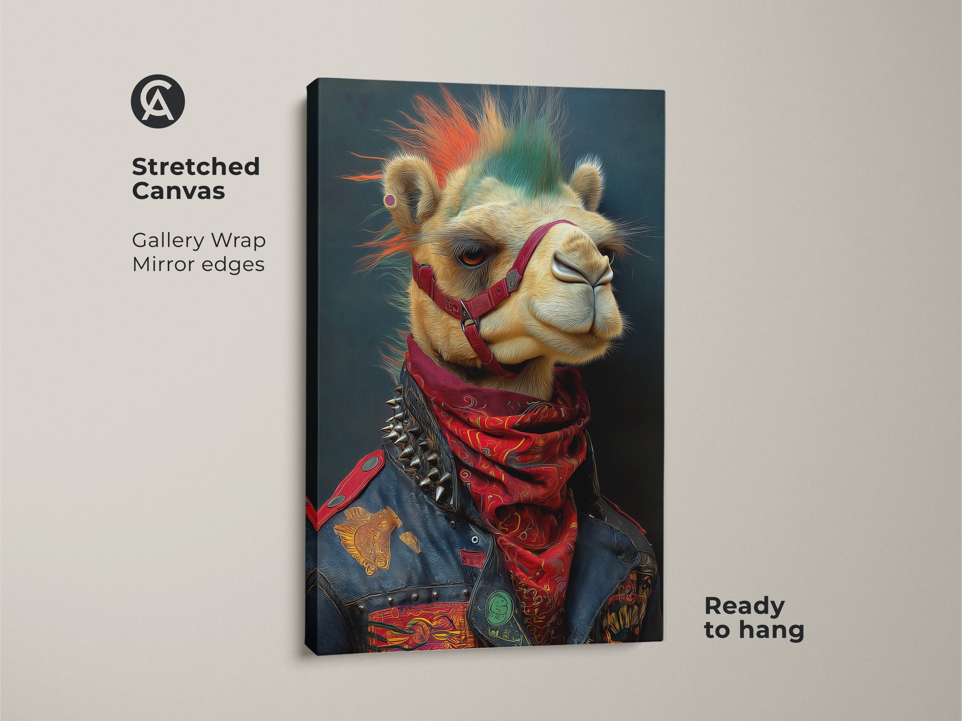 The stretched canvas displays a punk camel. It has a mohawk and studded jacket. This rocker animal art adds an edgy touch to any space. This gallery-wrapped artwork is ready to hang. This camel fantasy portrait is ideal for eclectic office art and punk rock decor. Add a unique animal with mohawk print to your collection.