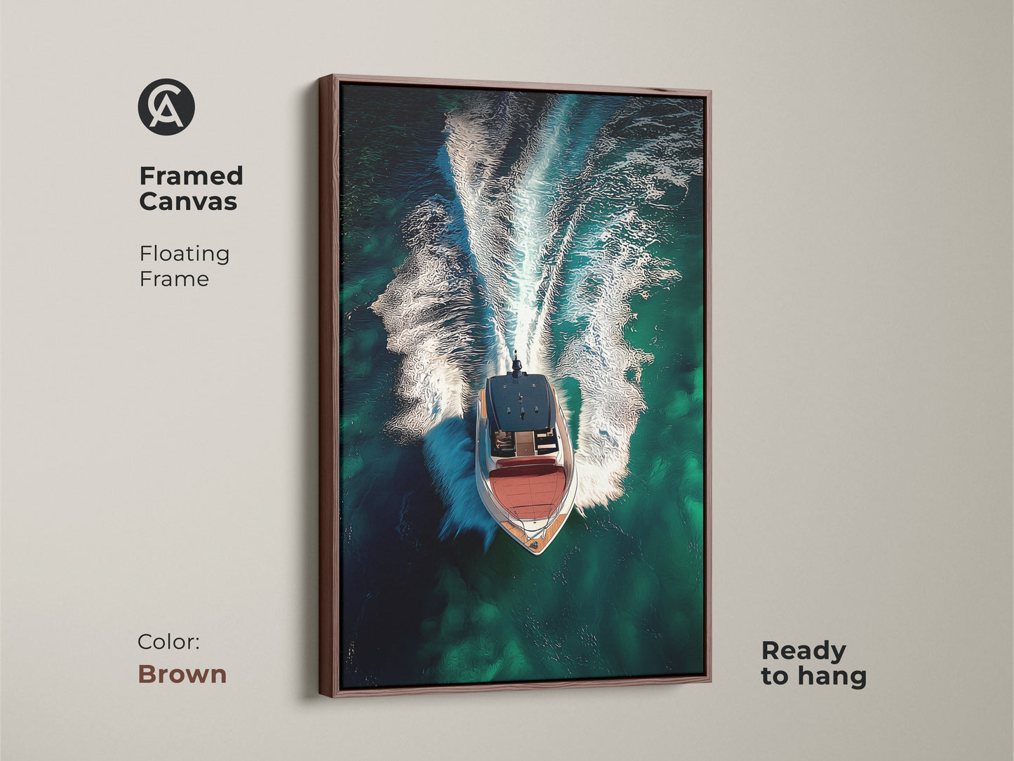 Framed canvas displaying aerial speedboat artwork with a brown floating frame. The emerald green ocean wall art captures turquoise waters. Ready to hang this contemporary nautical art is perfect for a boating gift idea.
