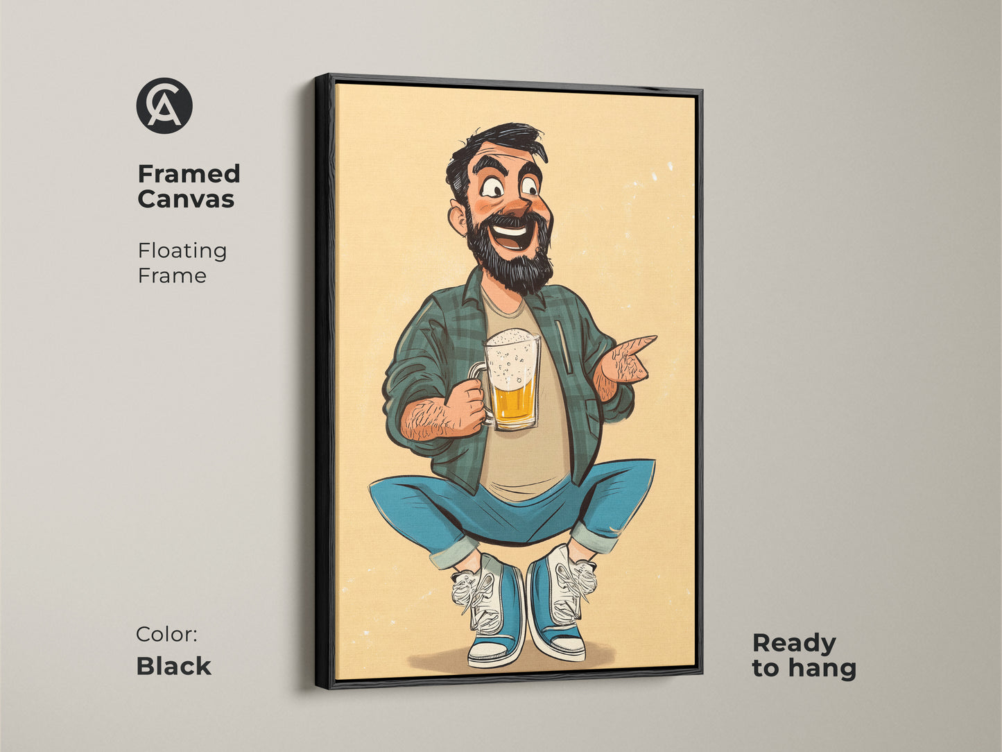 Framed canvas art of a cartoon man holding a beer. A funny beer lover gift ready to hang in your man cave. Black floating frame complements this pub art. Get fathers day gift ideas here.