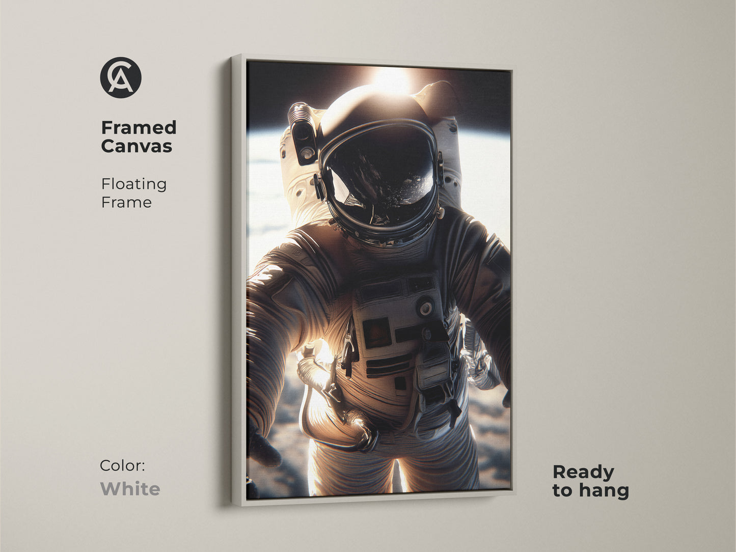 Framed canvas of an astronaut in space with white floating frame. This ready-to-hang artwork features a photorealistic astronaut and golden Earth view. Perfect for adding a touch of adventure to a modern room.