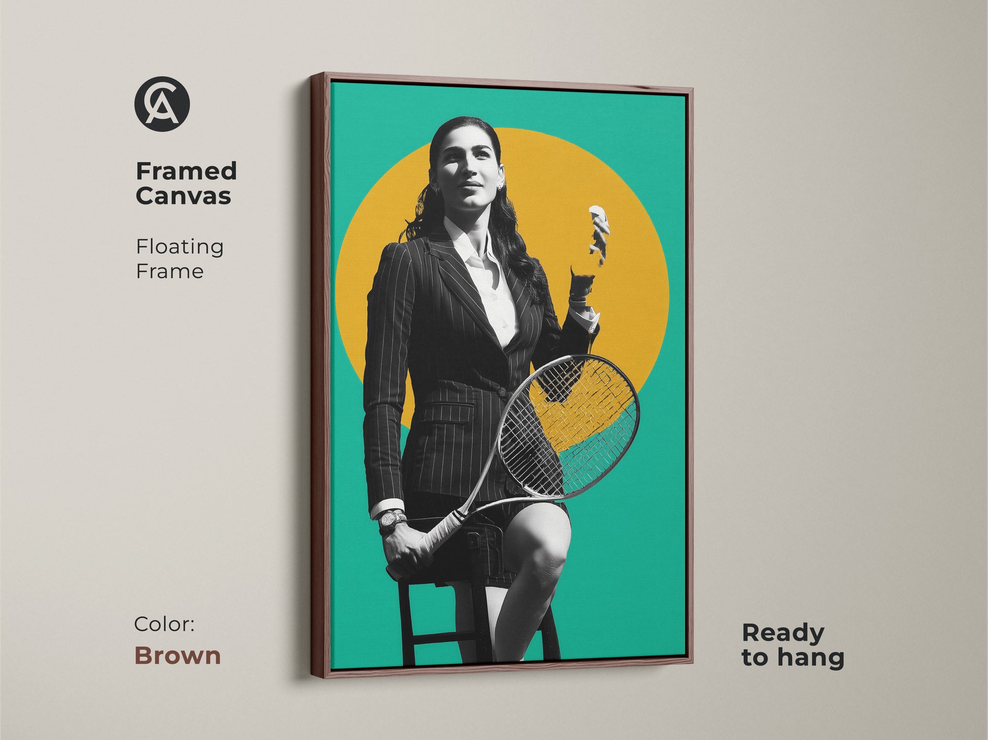 Framed canvas featuring a tennis player in a graphic artwork. The contemporary yellow teal and black design enhances any space. A great gift for sports fans and tennis players. Ready to hang with a sleek brown floating frame this artwork is a modern office statement piece.